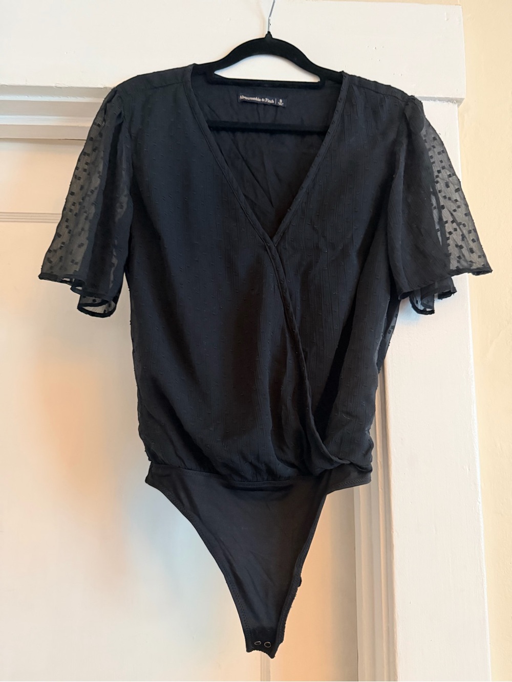 Abercrombie & Fitch Black Dotted Flutter-Sleeve Wrap Bodysuit